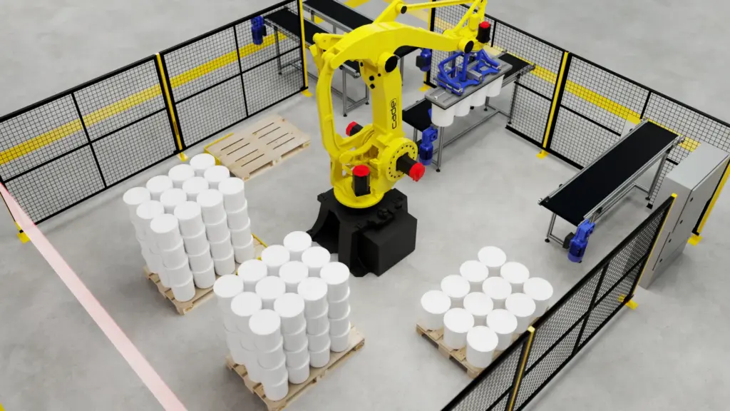 Celda de paletizado automático con robot FANUC y zona de pallets