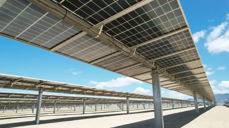 Análisis estructural de plantas fotovoltaicas: estructura de un seguidor solar vista desde debajo de los módulos