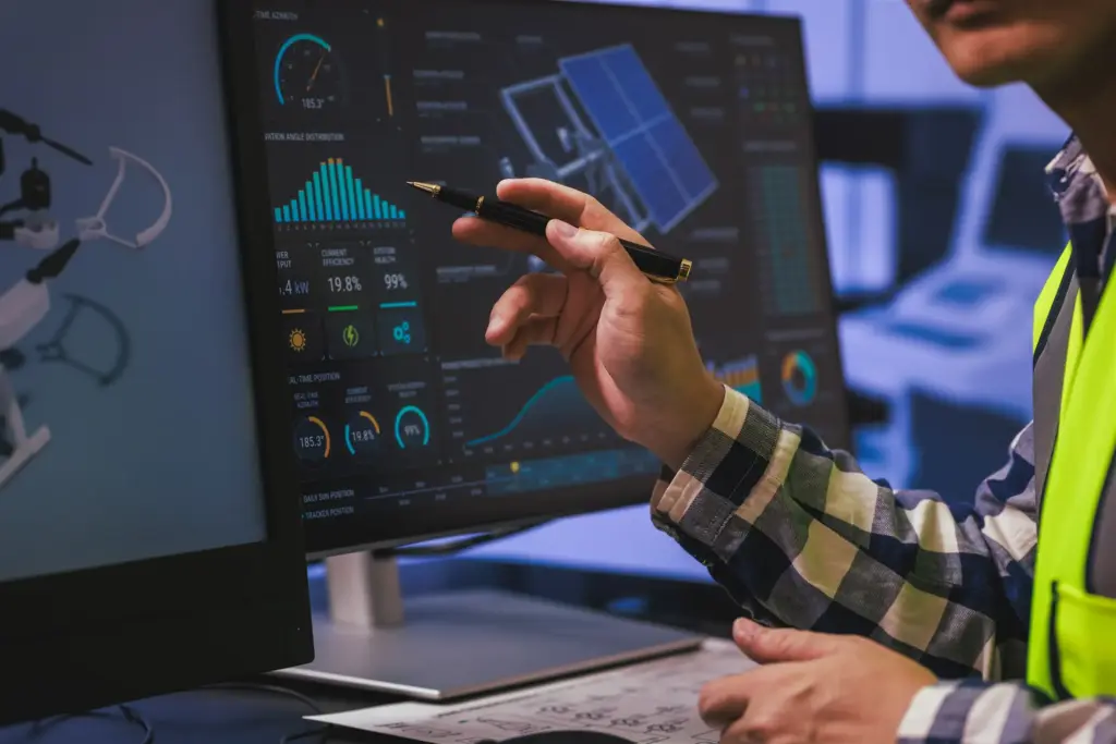 Técnico analizando en pantalla los datos de energía para el control predictivo del almacenamiento térmico